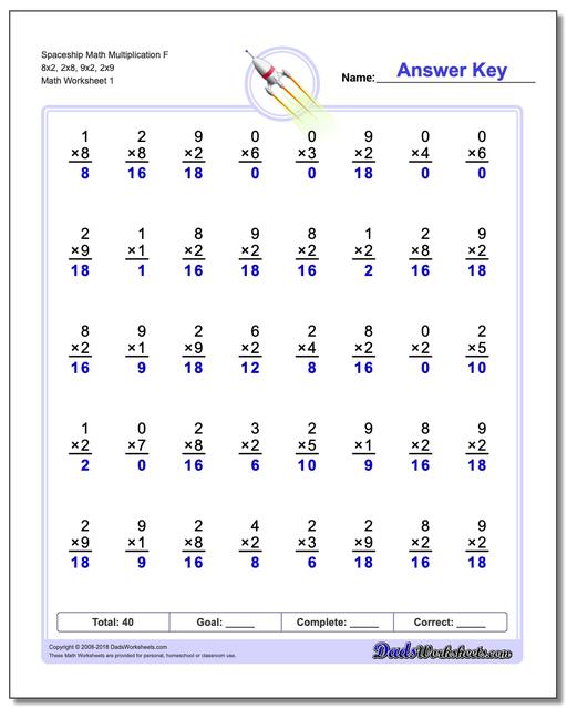 Multiplication Worksheet Spaceship Math F 8x2, 2x8, 9x2, 2x9