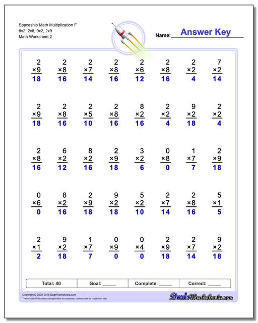 Spaceship Math Multiplication Worksheet F 8x2, 2x8, 9x2, 2x9 www.dadsworksheets.com/worksheets/multiplication.html