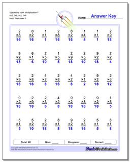 Spaceship Math Multiplication Worksheet F 8x2, 2x8, 9x2, 2x9