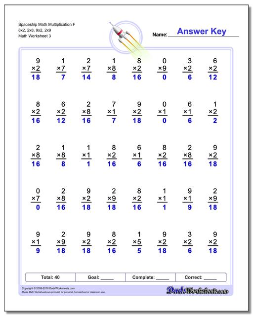 Spaceship Math Multiplication Worksheet F 8x2, 2x8, 9x2, 2x9