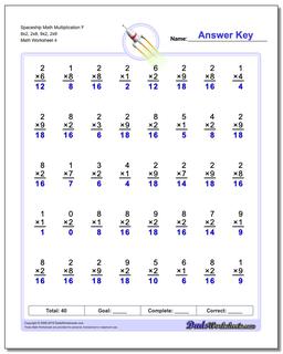 Spaceship Math Multiplication Worksheet F 8x2, 2x8, 9x2, 2x9