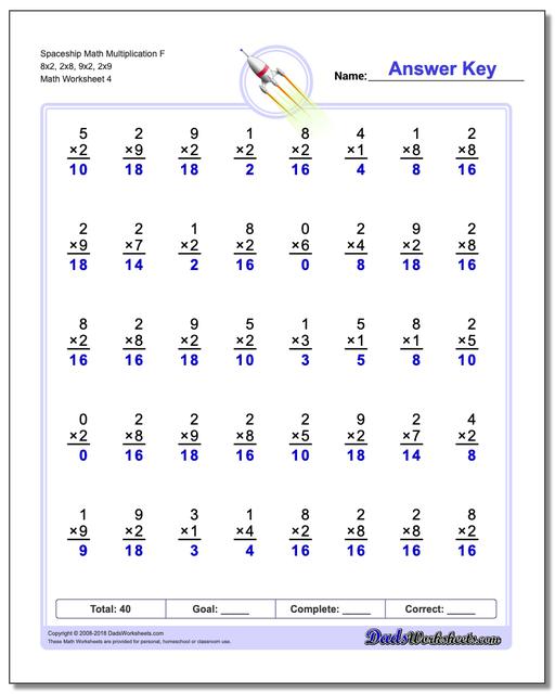 Spaceship Math Multiplication Worksheet F 8x2, 2x8, 9x2, 2x9