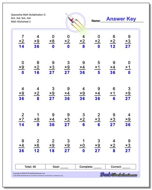 Spaceship Math Multiplication Worksheet G 9x3, 3x9, 9x4, 4x9 www.dadsworksheets.com/worksheets/multiplication.html