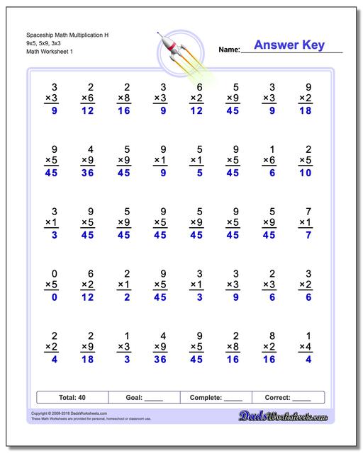 Multiplication Worksheet Spaceship Math H 9x5, 5x9, 3x3
