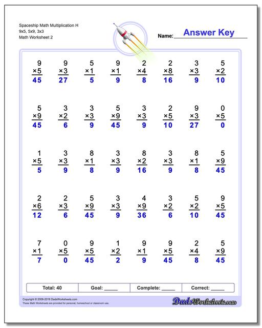 Spaceship Math Multiplication Worksheet H 9x5, 5x9, 3x3 www.dadsworksheets.com/worksheets/multiplication.html