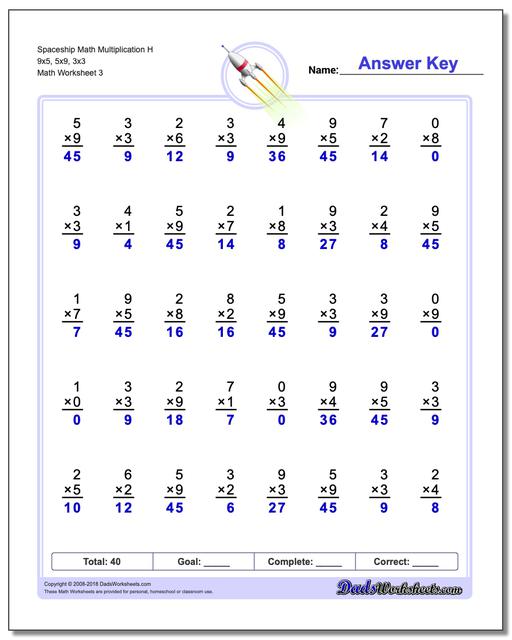 Spaceship Math Multiplication Worksheet H 9x5, 5x9, 3x3