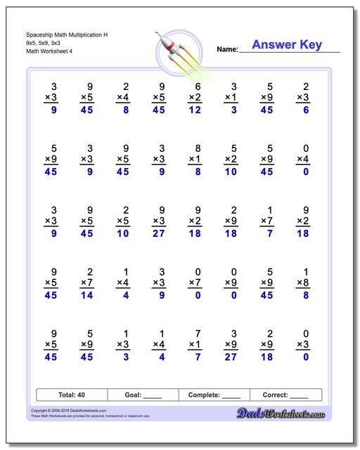 Spaceship Math Multiplication Worksheet H 9x5, 5x9, 3x3