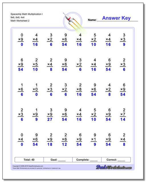 Spaceship Math Multiplication Worksheet I 9x6, 6x9, 4x4 www.dadsworksheets.com/worksheets/multiplication.html