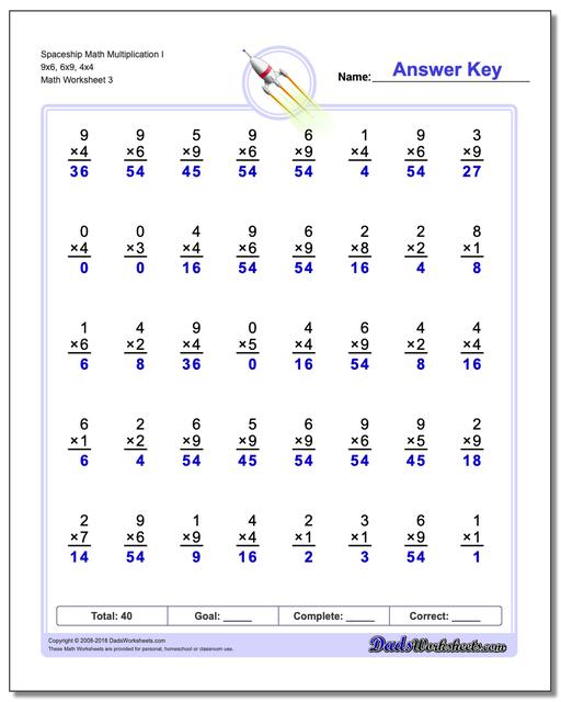 Spaceship Math Multiplication Worksheet I 9x6, 6x9, 4x4