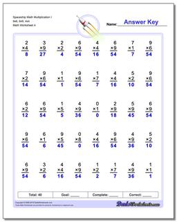 Spaceship Math Multiplication Worksheet I 9x6, 6x9, 4x4