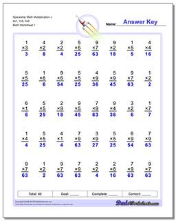 Multiplication Worksheet Spaceship Math J 9x7, 7x9, 5x5