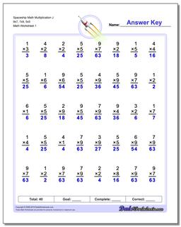 Multiplication Worksheet Spaceship Math J 9x7, 7x9, 5x5