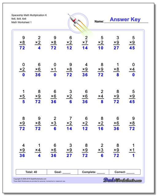 Multiplication Worksheet Spaceship Math K 9x8, 8x9, 6x6