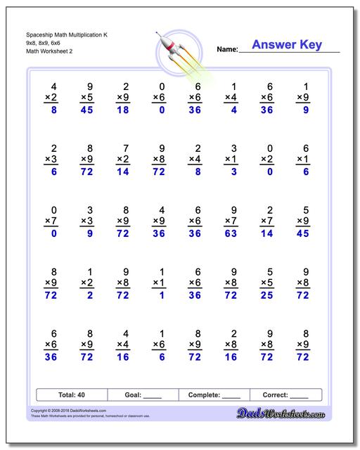 Spaceship Math Multiplication Worksheet K 9x8, 8x9, 6x6 www.dadsworksheets.com/worksheets/multiplication.html