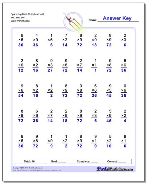 Spaceship Math Multiplication Worksheet K 9x8, 8x9, 6x6