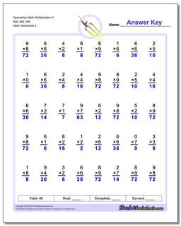 Spaceship Math Multiplication Worksheet K 9x8, 8x9, 6x6