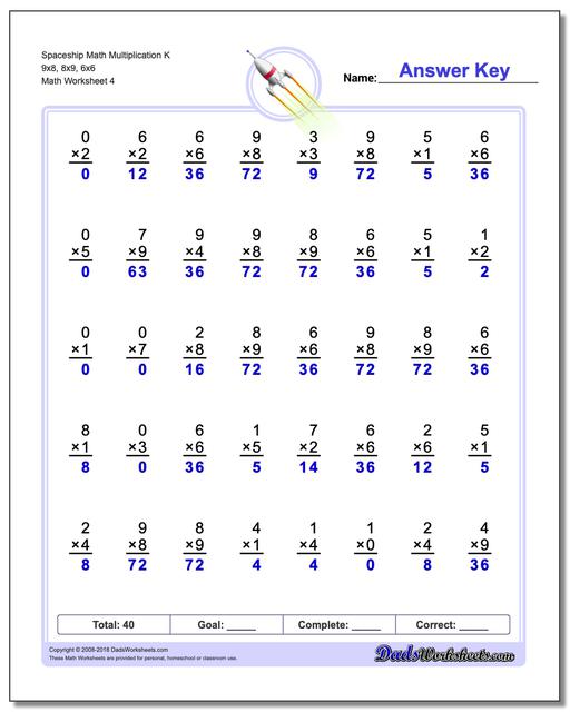 Spaceship Math Multiplication Worksheet K 9x8, 8x9, 6x6