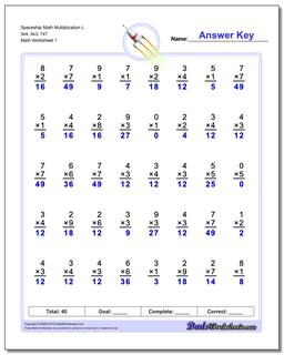 Multiplication Worksheet Spaceship Math L 3x4, 4x3, 7x7