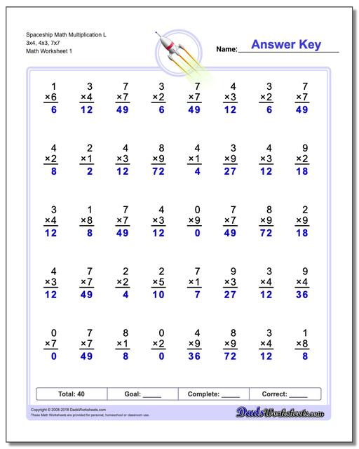 Multiplication Worksheet Spaceship Math L 3x4, 4x3, 7x7