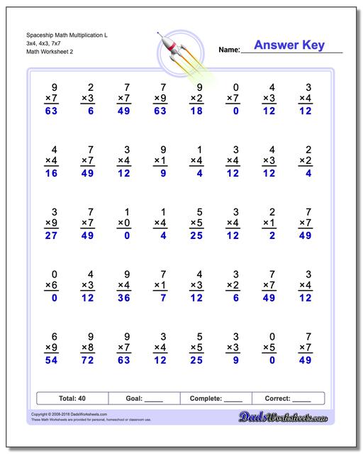 Spaceship Math Multiplication Worksheet L 3x4, 4x3, 7x7 www.dadsworksheets.com/worksheets/multiplication.html