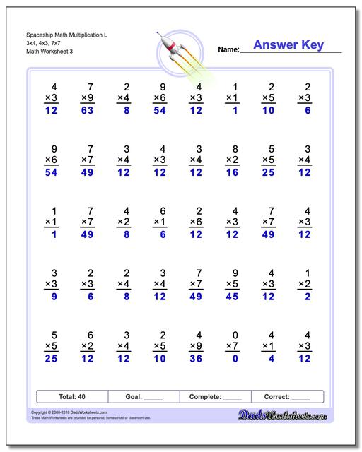Spaceship Math Multiplication Worksheet L 3x4, 4x3, 7x7