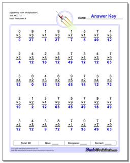 Spaceship Math Multiplication Worksheet L 3x4, 4x3, 7x7