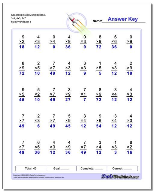 Spaceship Math Multiplication Worksheet L 3x4, 4x3, 7x7