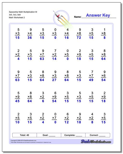 Spaceship Math Multiplication Worksheet M 3x5, 5x3, 8x8 www.dadsworksheets.com/worksheets/multiplication.html