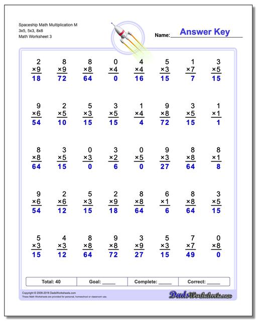 Spaceship Math Multiplication Worksheet M 3x5, 5x3, 8x8