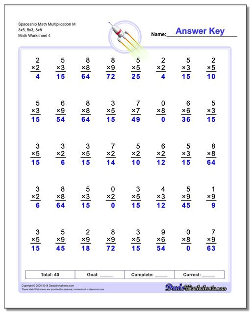 Spaceship Math Multiplication Worksheet M 3x5, 5x3, 8x8