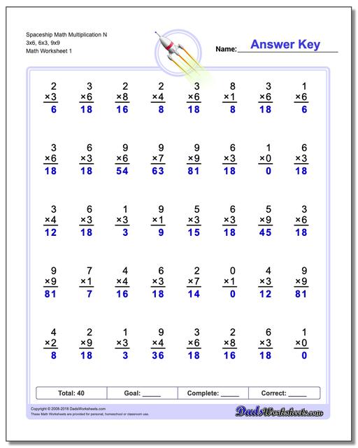 Multiplication Worksheet Spaceship Math N 3x6, 6x3, 9x9