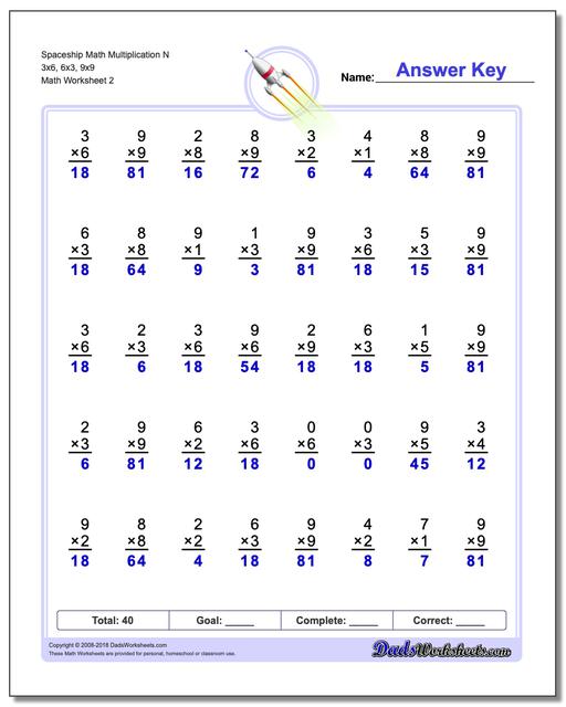 Spaceship Math Multiplication Worksheet N 3x6, 6x3, 9x9 www.dadsworksheets.com/worksheets/multiplication.html