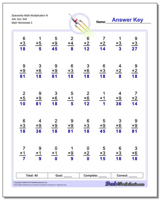 Spaceship Math Multiplication Worksheet N 3x6, 6x3, 9x9