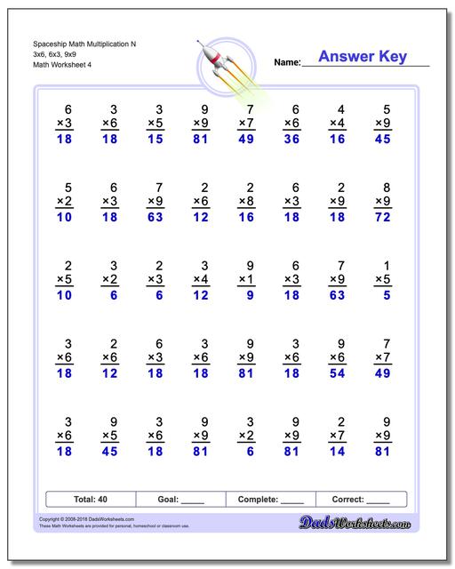 Spaceship Math Multiplication Worksheet N 3x6, 6x3, 9x9