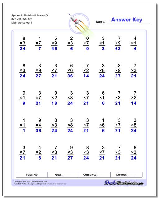 Multiplication Worksheet Spaceship Math O 3x7, 7x3, 3x8, 8x3