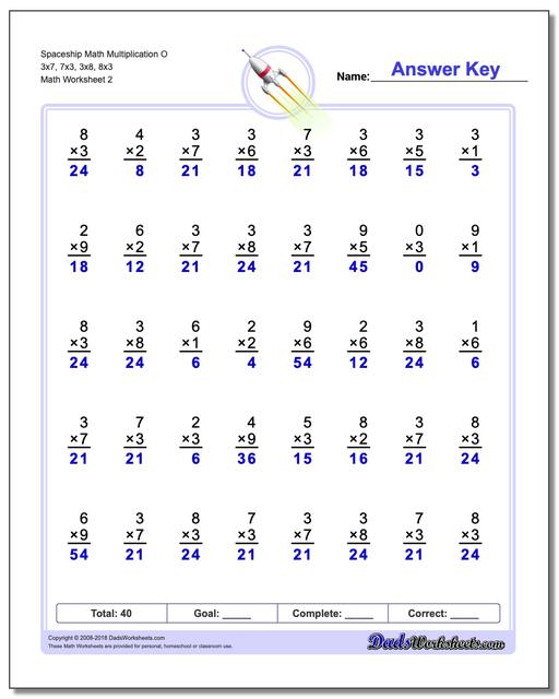 Spaceship Math Multiplication Worksheet O 3x7, 7x3, 3x8, 8x3 www.dadsworksheets.com/worksheets/multiplication.html