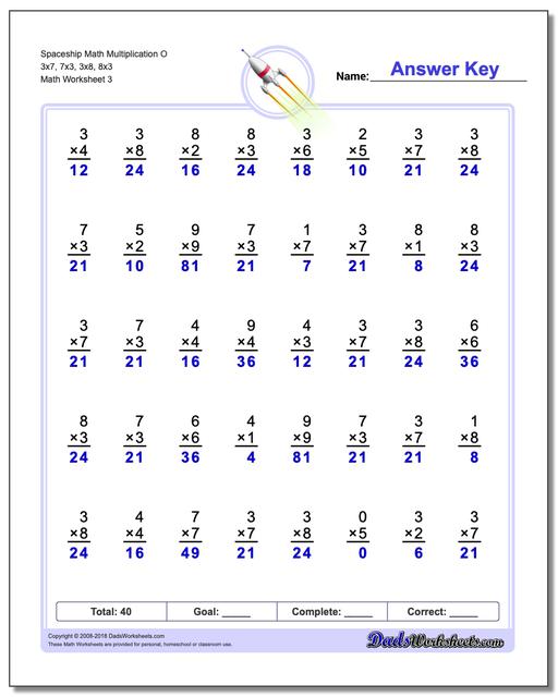 Spaceship Math Multiplication Worksheet O 3x7, 7x3, 3x8, 8x3