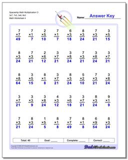 Spaceship Math Multiplication Worksheet O 3x7, 7x3, 3x8, 8x3