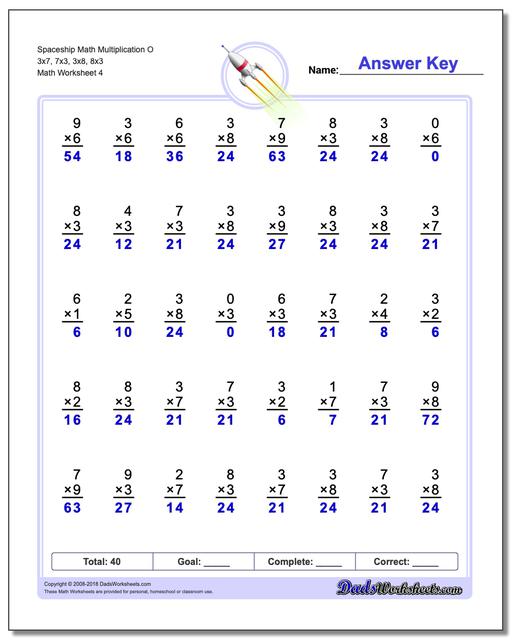 Spaceship Math Multiplication Worksheet O 3x7, 7x3, 3x8, 8x3