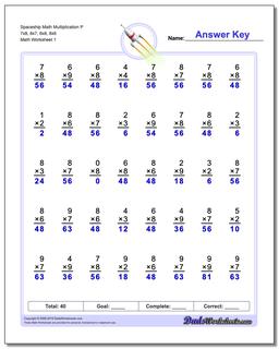 Multiplication Worksheet Spaceship Math P 7x8, 8x7, 6x8, 8x6