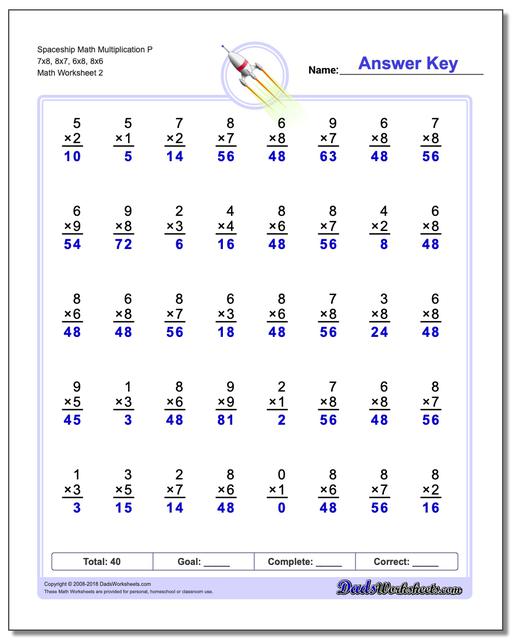 Spaceship Math Multiplication Worksheet P 7x8, 8x7, 6x8, 8x6 www.dadsworksheets.com/worksheets/multiplication.html