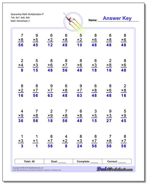 Spaceship Math Multiplication Worksheet P 7x8, 8x7, 6x8, 8x6