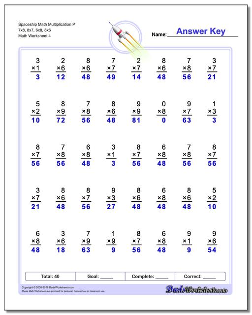 Spaceship Math Multiplication Worksheet P 7x8, 8x7, 6x8, 8x6