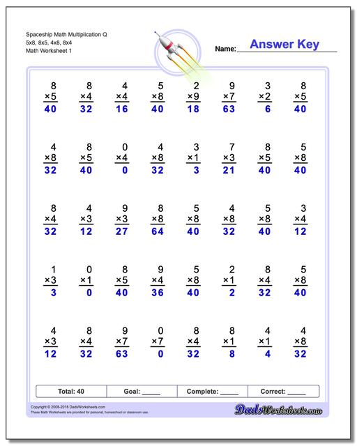 Multiplication Worksheet Spaceship Math Q 5x8, 8x5, 4x8, 8x4