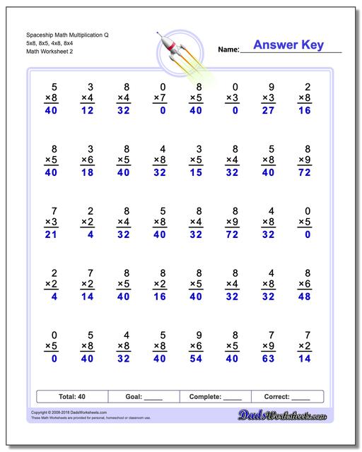Spaceship Math Multiplication Worksheet Q 5x8, 8x5, 4x8, 8x4 www.dadsworksheets.com/worksheets/multiplication.html