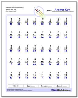 Spaceship Math Multiplication Worksheet Q 5x8, 8x5, 4x8, 8x4