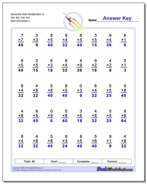 Spaceship Math Multiplication Worksheet Q 5x8, 8x5, 4x8, 8x4
