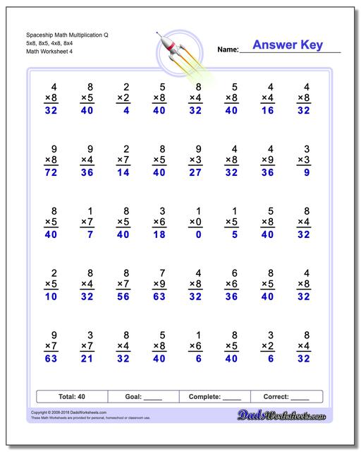 Spaceship Math Multiplication Worksheet Q 5x8, 8x5, 4x8, 8x4