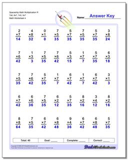 Spaceship Math Multiplication Worksheet R 7x6, 6x7, 7x5, 5x7