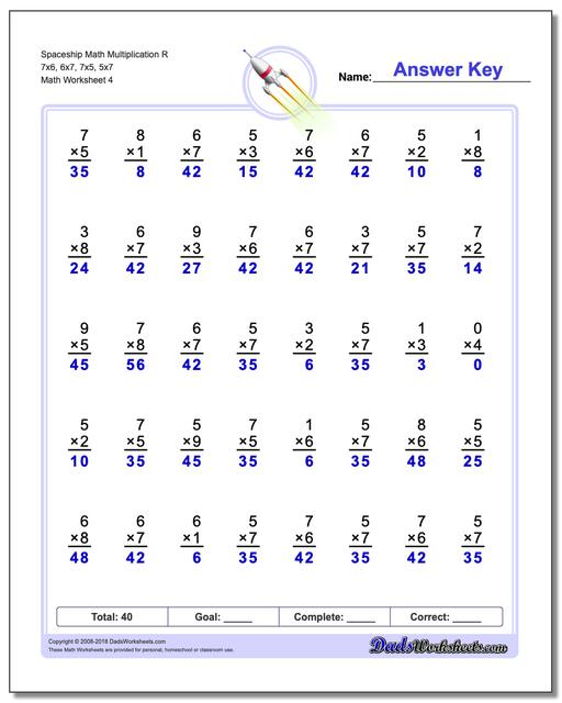 Spaceship Math Multiplication Worksheet R 7x6, 6x7, 7x5, 5x7